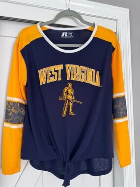 Russell Athletic Navy and Gold West Virginia Tie-Front Jersey Top